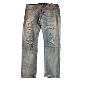 NWT Embellish Denim by Design Dion Blue 44 Distressed Holes Rips Cotton Stretch